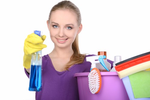 Domestic cleaners working in a CR0 kitchen and living area